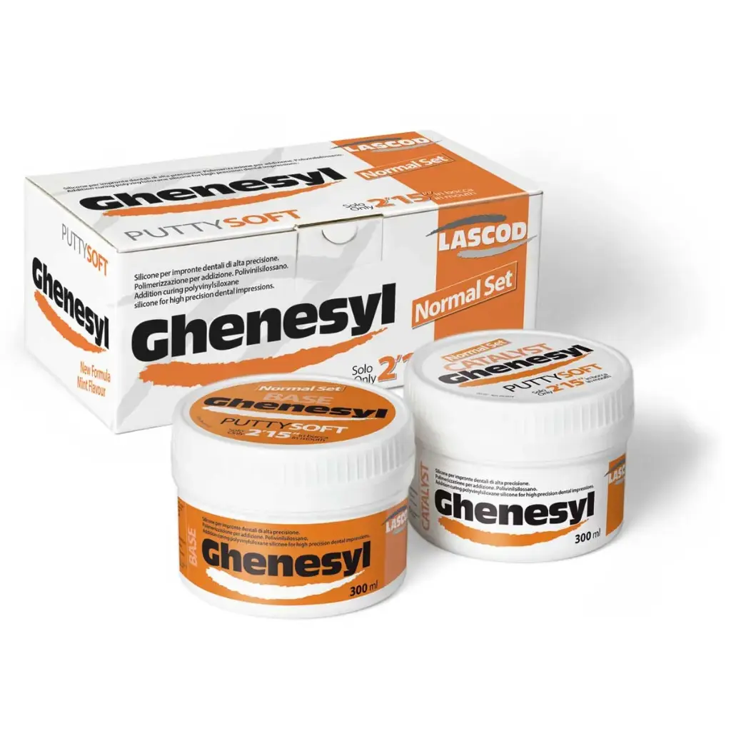 Lascod Ghenesyl Putty Soft, an addition curing polyvinylsiloxane silicone used for high-precision dental impressions سيليكون