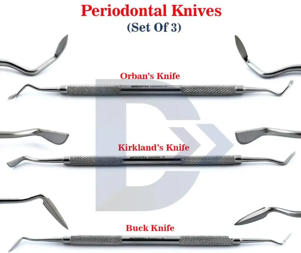 Medentra stainless steel periodontal knives.  Orban's, Kirkland's, and Buck knives